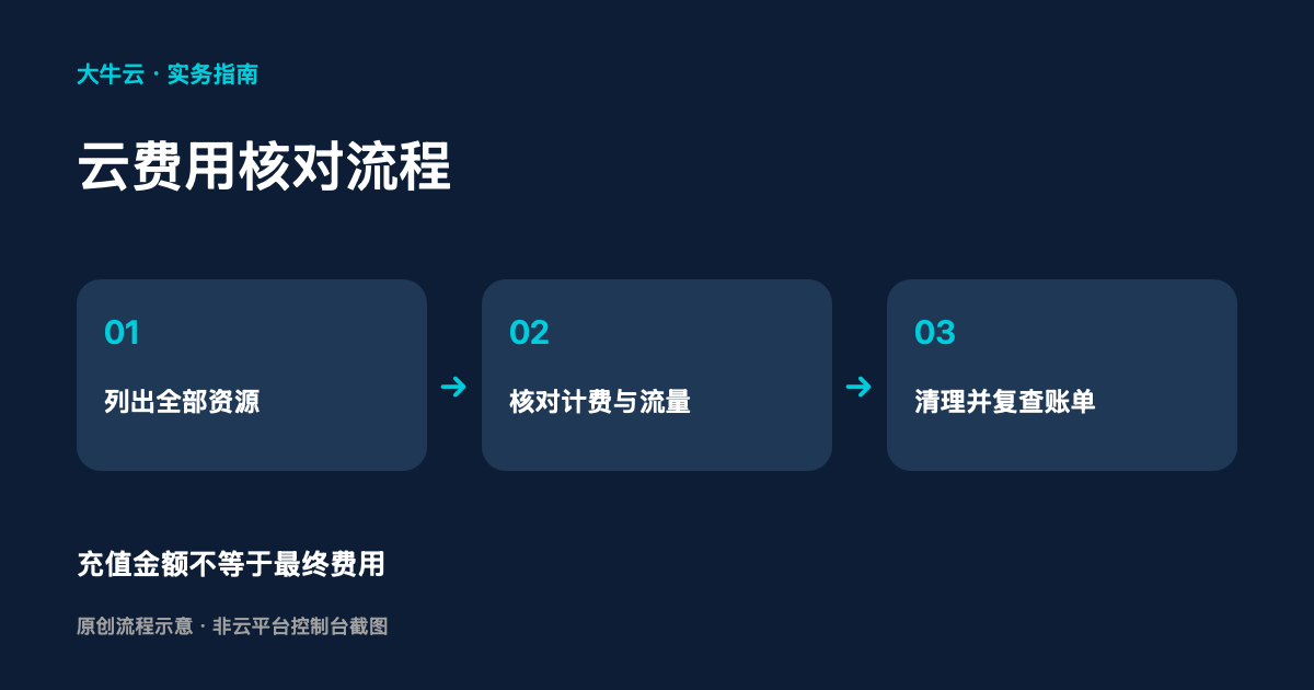 云账号充值前如何核对费用？服务器、流量与闲置资源检查清单：原创流程示意图